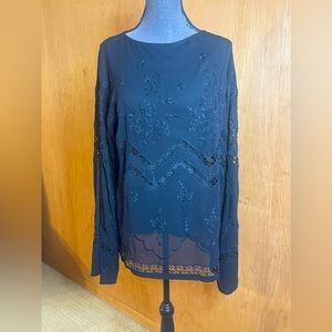 Dolce & Gabbana Silk Embroidered Semi Sheer Black Long Sleeve Blouse 46 XL